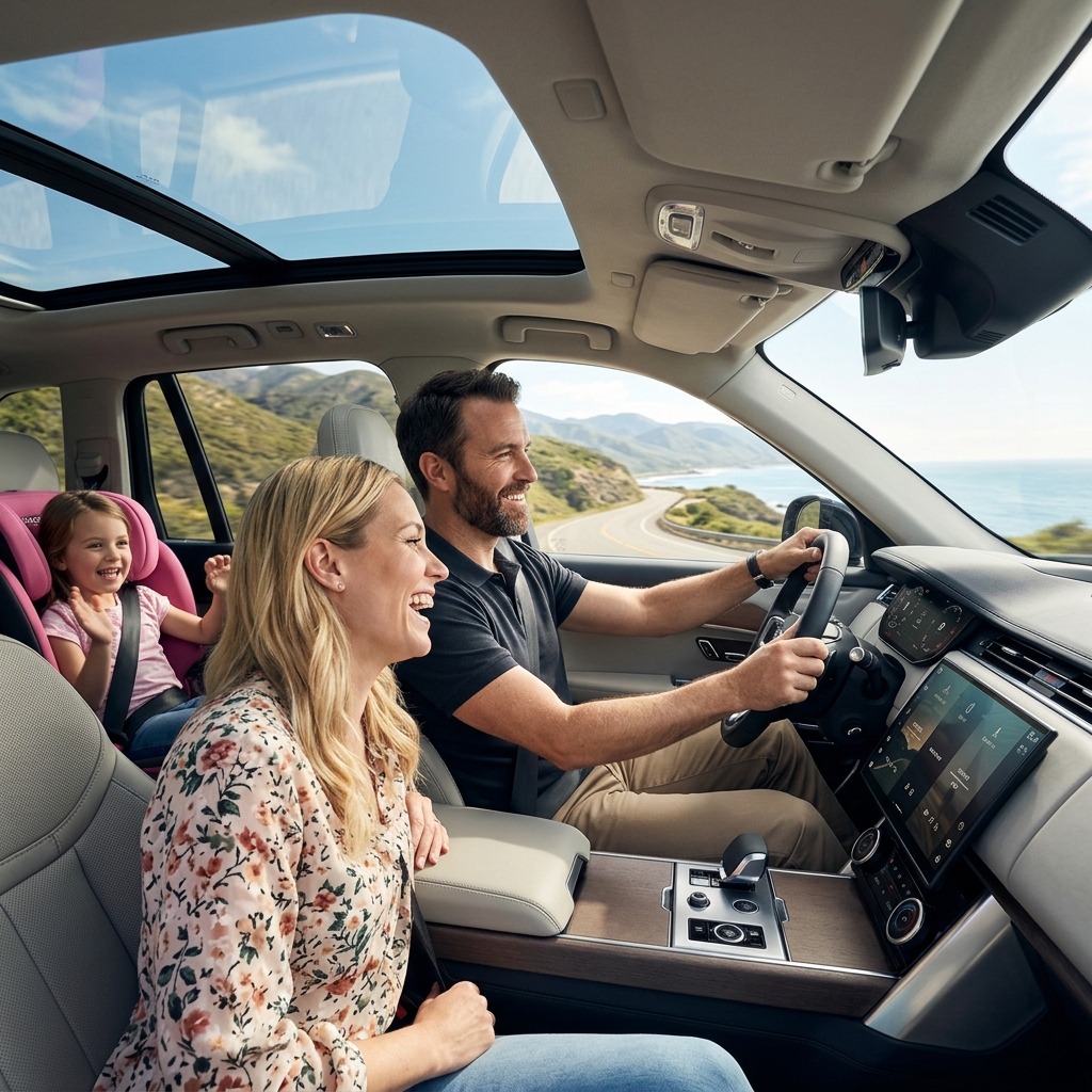 Happy family driving a modern SUV